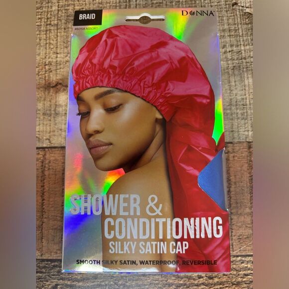 Donna Set Of 3 Shower & Conditioning Silky Satin Cap Waterproof Red Blue Black - Picture 2 of 6